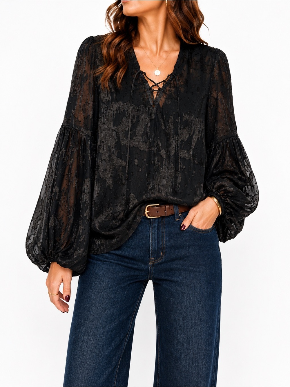 Hutch Burnout Velvet Peasant Blouse XS Sheer Balloon Sleeve Lace Up
